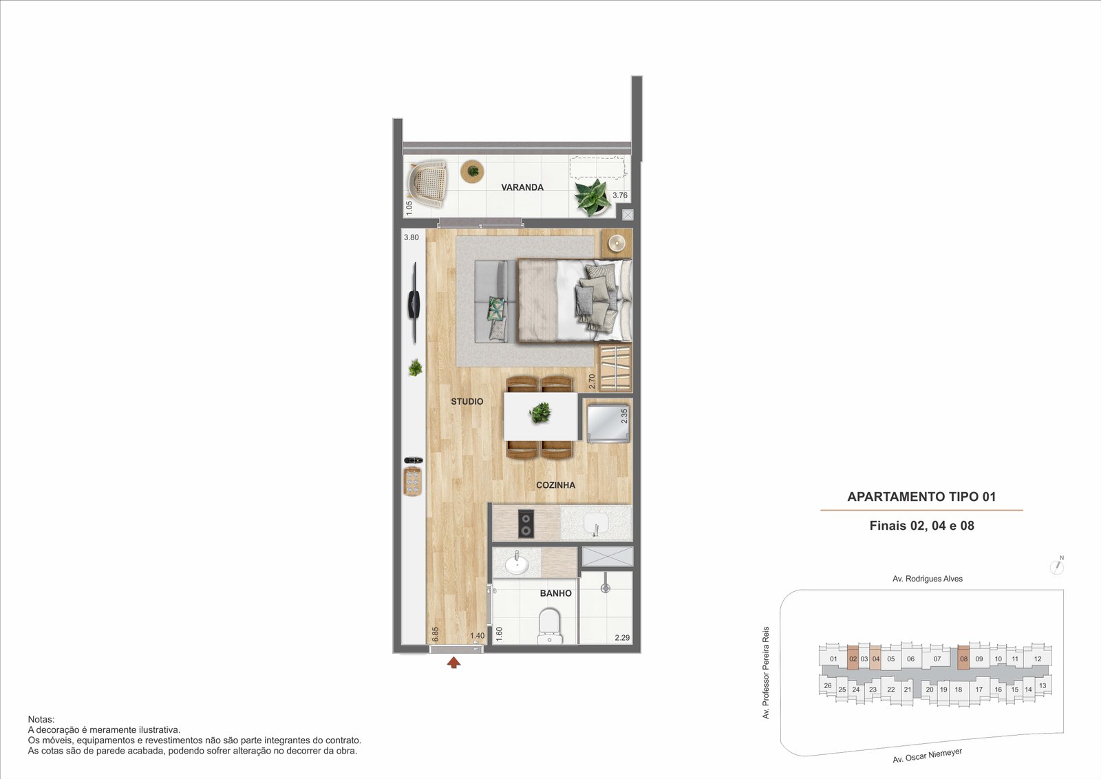 Perspectiva do Studio de 34 m²