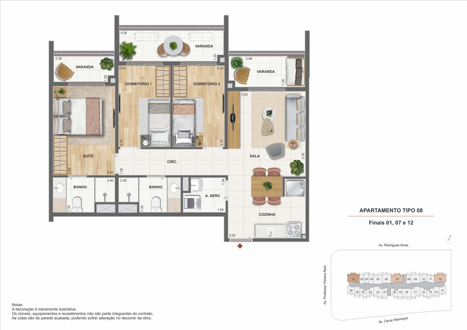 Perspectiva do apartamento de 3 quartos com suíte